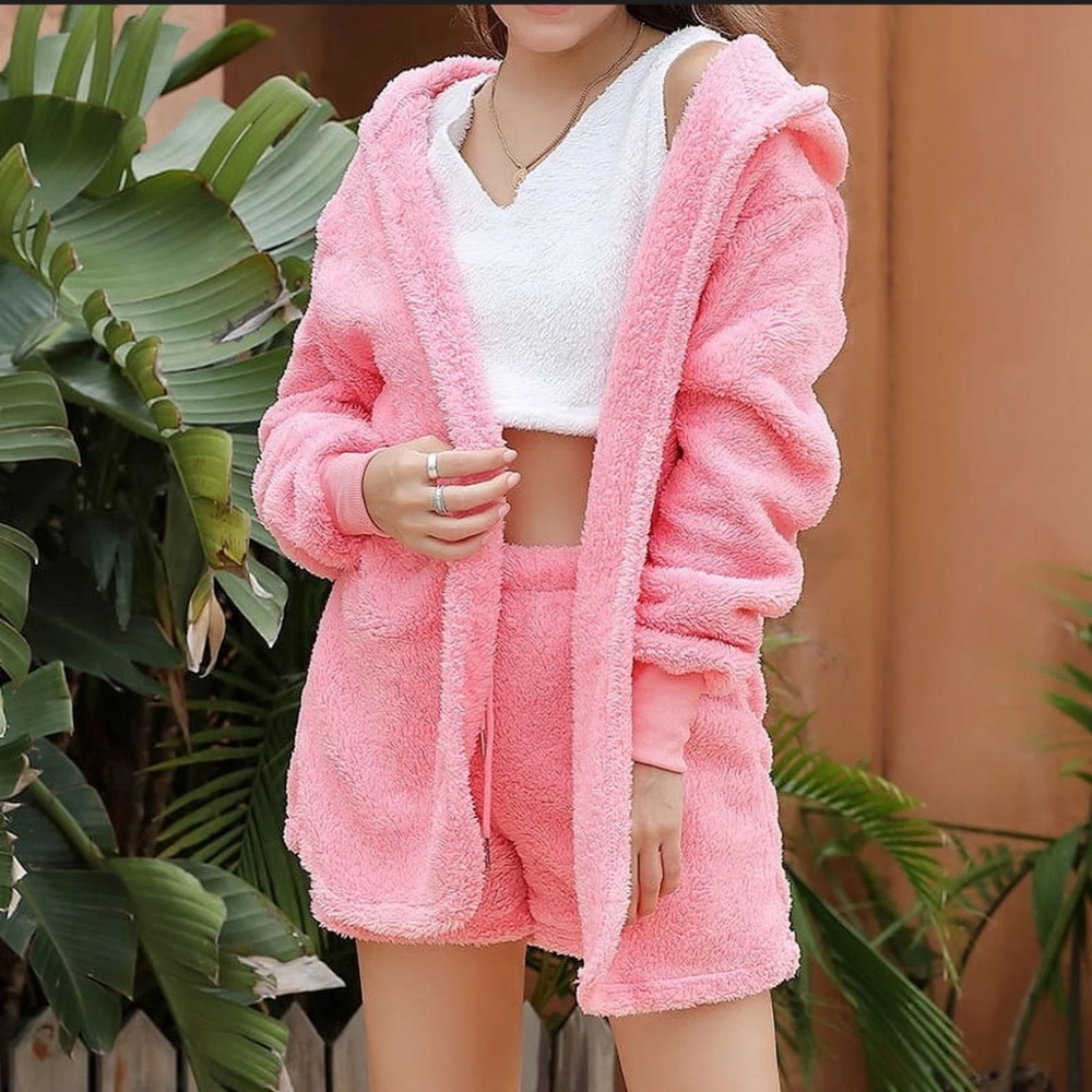 Women's Fuzzy Pink 3-Piece Lounge Set